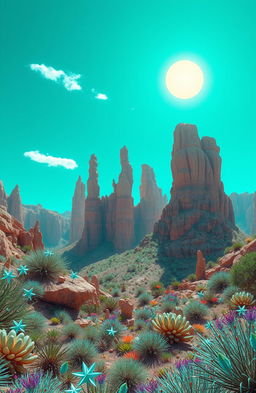 A breathtaking alien canyon landscape, with vibrant turquoise skies showcasing two brilliant suns illuminating the scene