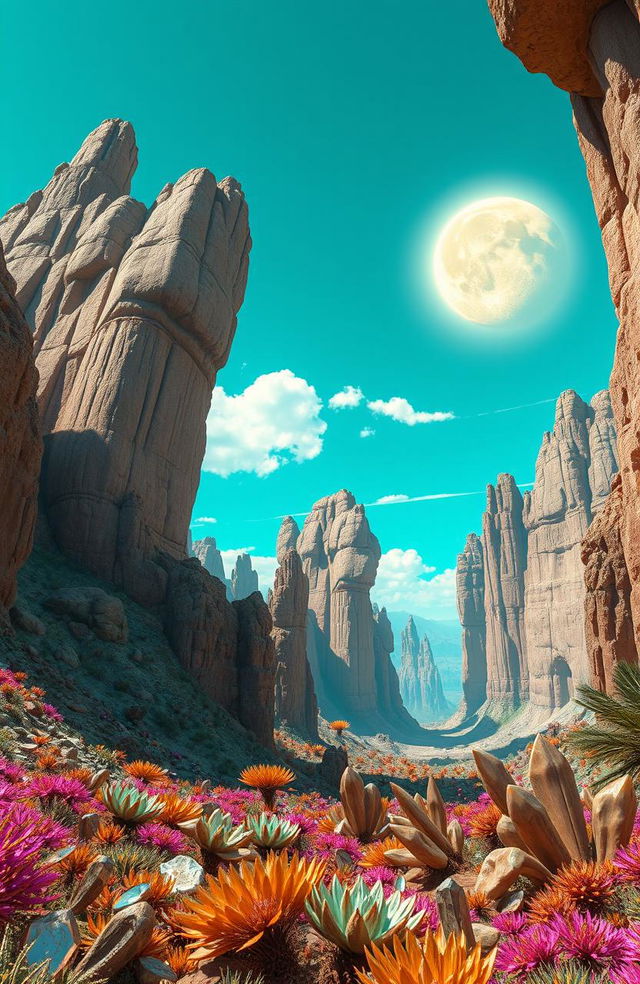 A breathtaking alien canyon landscape, with vibrant turquoise skies showcasing two brilliant suns illuminating the scene