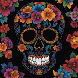 An intriguing artwork featuring an ornately decorated sugar skull, a traditional symbol in Day of the Dead celebrations