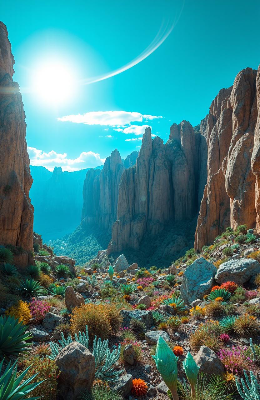 A breathtaking alien canyon landscape, with vibrant turquoise skies showcasing two brilliant suns illuminating the scene