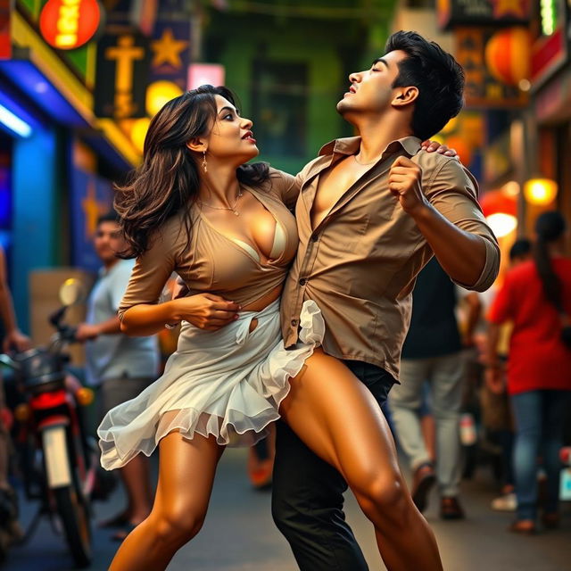 A sensual depiction of Nushrat Bharucha wearing a short skirt, playfully removing her transparent shirt and revealing her cleavage and navel