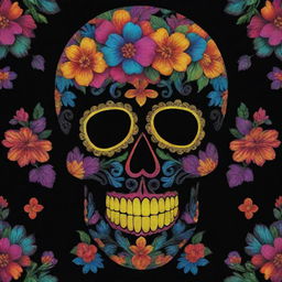 An intriguing artwork featuring an ornately decorated sugar skull, a traditional symbol in Day of the Dead celebrations