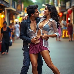 A sensual depiction of Nushrat Bharucha wearing a short skirt, playfully removing her transparent shirt to reveal her cleavage and navel