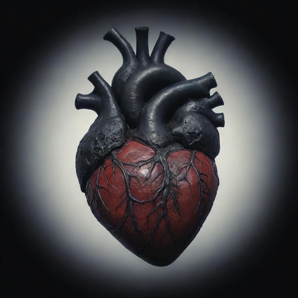 An illustrative rendition of a human heart with dark, ominous, and eerie features, reminiscent of a cursed artifact.