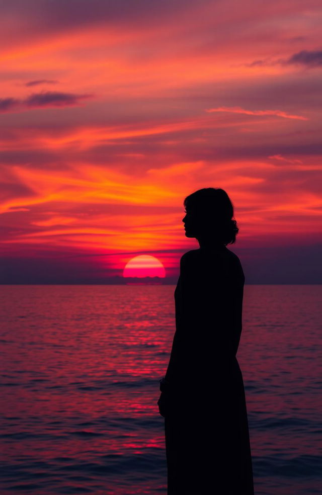 A captivating sunset scene titled 'The Owner of the Twilit Eyes', featuring a stunning figure standing at the edge of a tranquil sea, where vibrant hues of orange, pink, and purple blend seamlessly in the sky