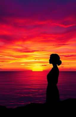 A captivating sunset scene titled 'The Owner of the Twilit Eyes', featuring a stunning figure standing at the edge of a tranquil sea, where vibrant hues of orange, pink, and purple blend seamlessly in the sky
