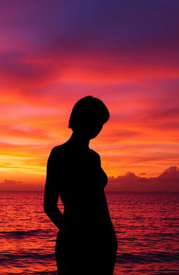 A captivating sunset scene titled 'The Owner of the Twilit Eyes', featuring a stunning figure standing at the edge of a tranquil sea, where vibrant hues of orange, pink, and purple blend seamlessly in the sky