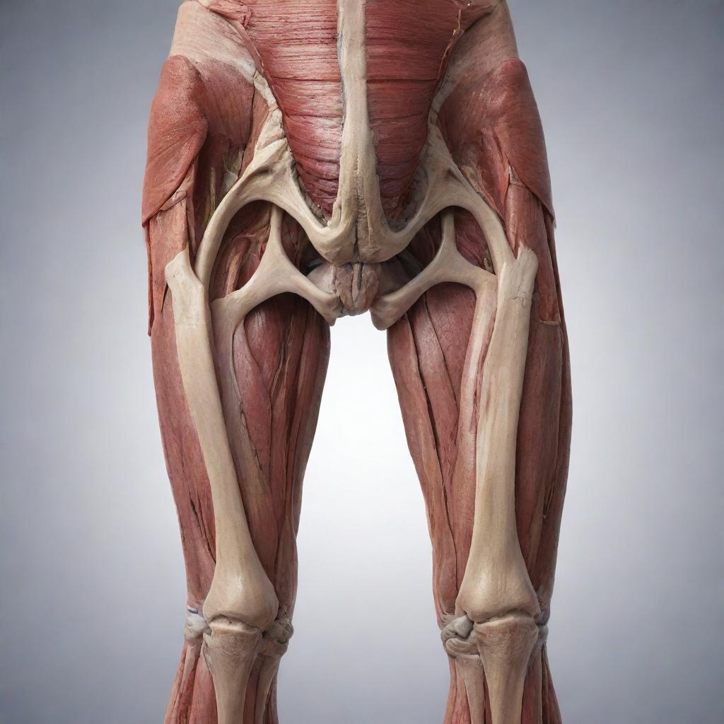 A detailed, scientifically accurate image showing the anatomy of a human thigh, including the muscles, bones, nerves, and blood vessels