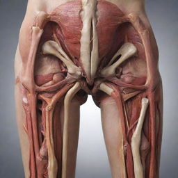 A detailed, scientifically accurate image showing the anatomy of a human thigh, including the muscles, bones, nerves, and blood vessels