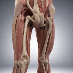 A detailed, scientifically accurate image showing the anatomy of a human thigh, including the muscles, bones, nerves, and blood vessels