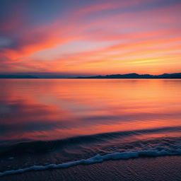 A stunning landscape featuring a vibrant sunset (senja) over a calm ocean, where the sun is just touching the horizon, casting warm shades of orange, pink, and purple across the sky