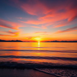 A stunning landscape featuring a vibrant sunset (senja) over a calm ocean, where the sun is just touching the horizon, casting warm shades of orange, pink, and purple across the sky