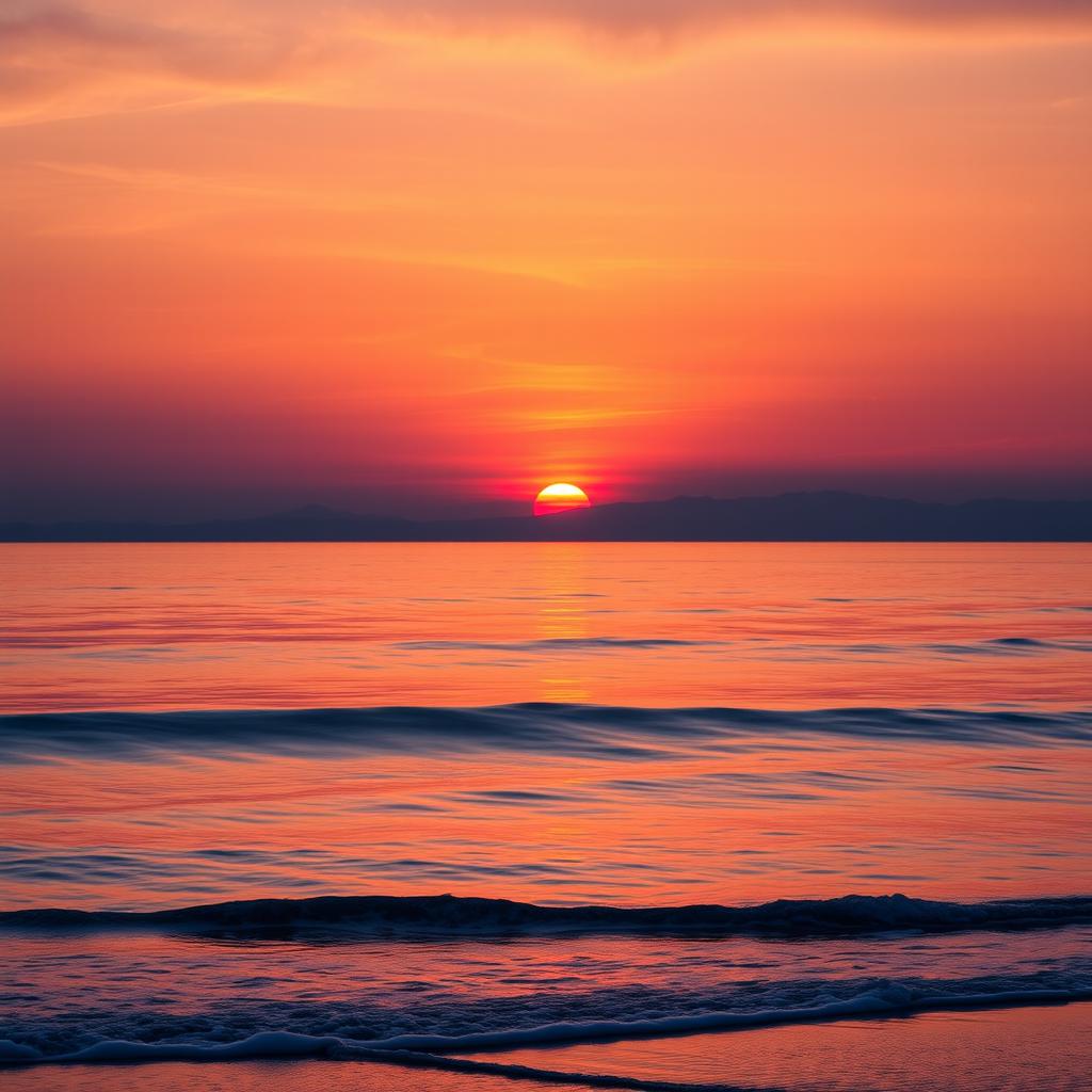 A stunning landscape featuring a vibrant sunset (senja) over a calm ocean, where the sun is just touching the horizon, casting warm shades of orange, pink, and purple across the sky