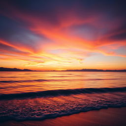 A stunning landscape featuring a vibrant sunset (senja) over a calm ocean, where the sun is just touching the horizon, casting warm shades of orange, pink, and purple across the sky