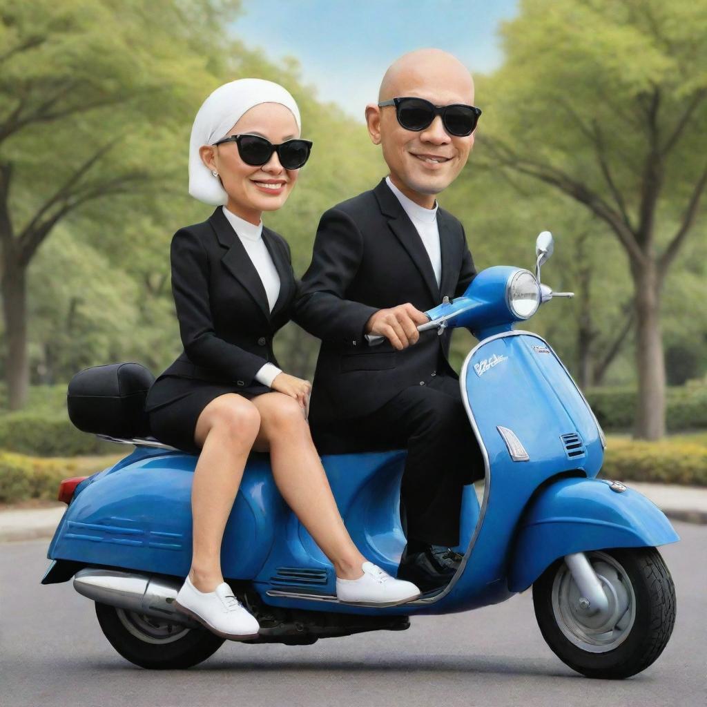 Create a caricature of a bald Indonesian man riding a Vespa motorbike with his wife