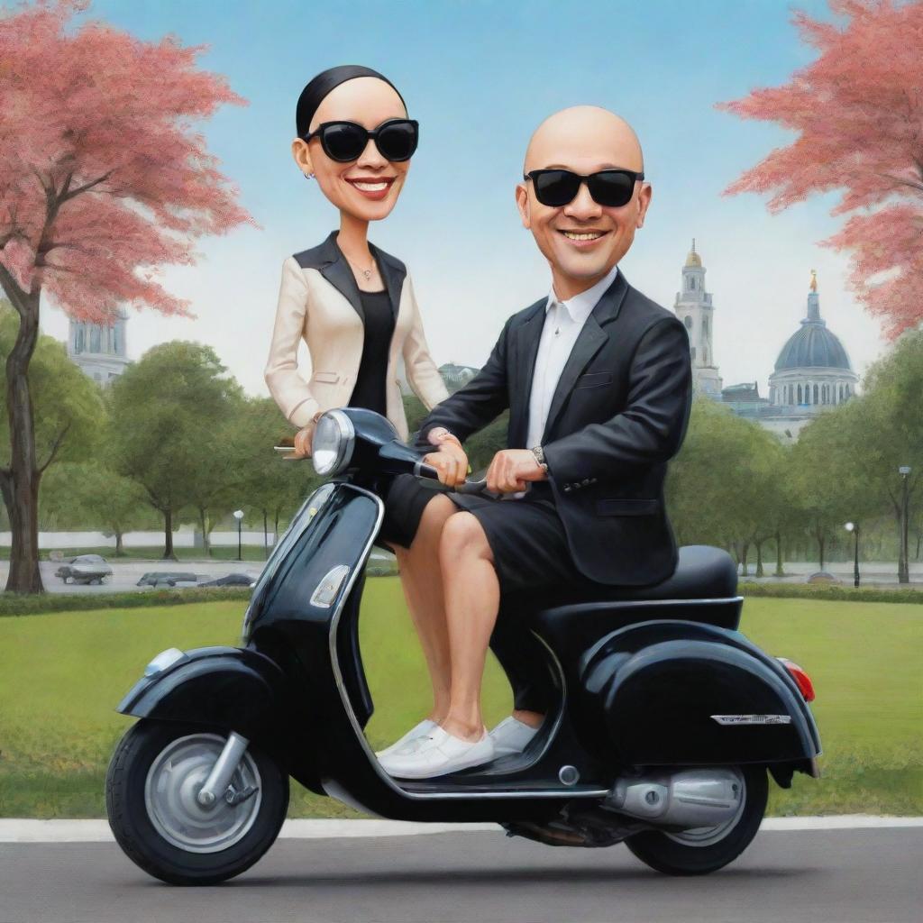 Create a caricature of a bald Indonesian man riding a Vespa motorbike with his wife