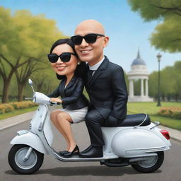 Create a caricature of a bald Indonesian man riding a Vespa motorbike with his wife