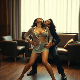 A sensual portrayal of Nushrat Bharucha in a short skirt, playfully removing her transparent shirt to reveal her cleavage and navel