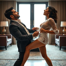 A sensual portrayal of Nushrat Bharucha in a short skirt, playfully removing her transparent shirt to reveal her cleavage and navel