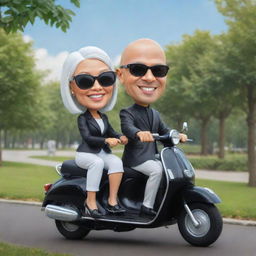 Create a caricature of a bald Indonesian man riding a Vespa motorbike with his wife