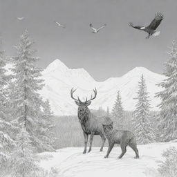 A deer, bear, wolf, and a fish eagle in the sky, all present in the snowy Alaskan wilderness