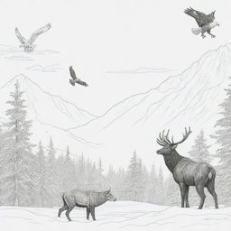 A deer, bear, wolf, and a fish eagle in the sky, all present in the snowy Alaskan wilderness