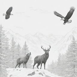 A deer, bear, wolf, and a fish eagle in the sky, all present in the snowy Alaskan wilderness