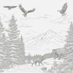 A deer, bear, wolf, and a fish eagle in the sky, all present in the snowy Alaskan wilderness