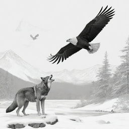 A wolf on the snowy ground and a fish eagle soaring in the sky, set against the backdrop of the Alaskan wilderness