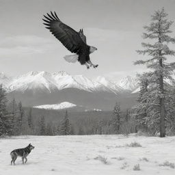 A wolf on the snowy ground and a fish eagle soaring in the sky, set against the backdrop of the Alaskan wilderness