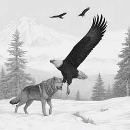 A wolf on the snowy ground and a fish eagle soaring in the sky, set against the backdrop of the Alaskan wilderness