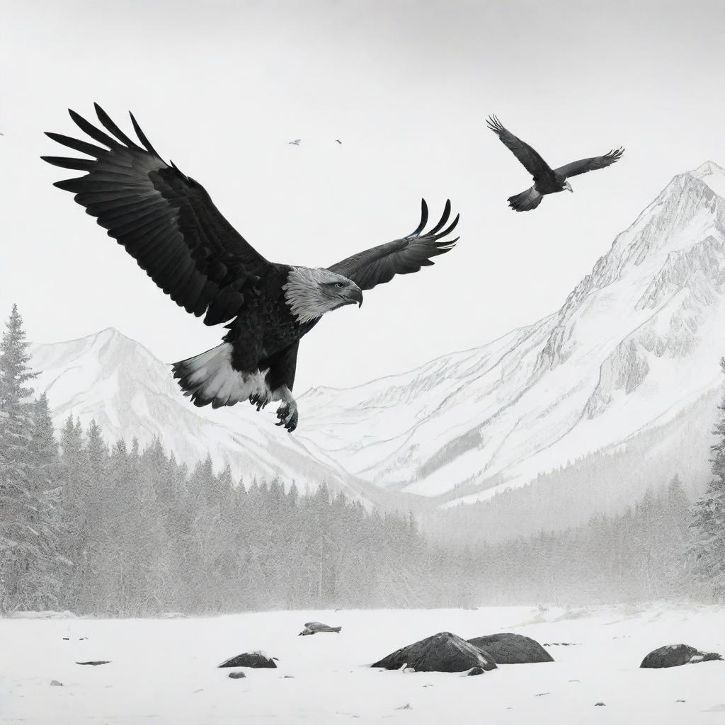 A wolf on the snowy ground and a fish eagle soaring in the sky, set against the backdrop of the Alaskan wilderness