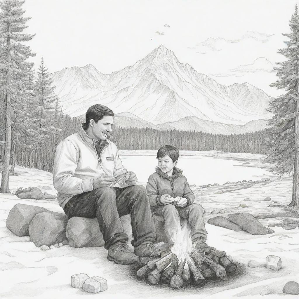 A boy and his father seated at a campfire, enjoying marshmallows amid the snowy Alaskan mountains