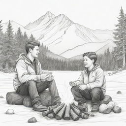 A boy and his father seated at a campfire, enjoying marshmallows amid the snowy Alaskan mountains