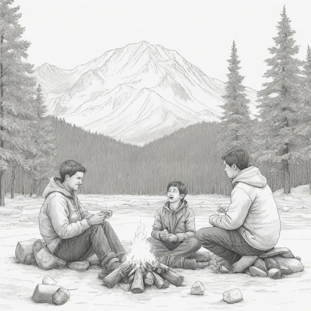 A boy and his father seated at a campfire, enjoying marshmallows amid the snowy Alaskan mountains