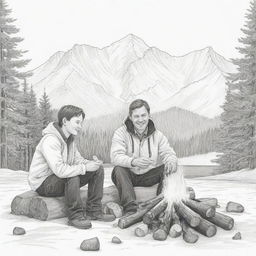 A boy and his father seated at a campfire, enjoying marshmallows amid the snowy Alaskan mountains