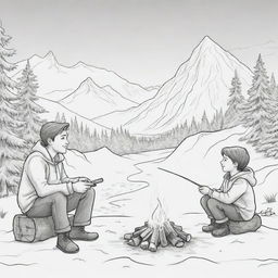 Cartoon style image of a boy and his father sitting around a campfire, roasting marshmallows against the backdrop of snow-capped mountains