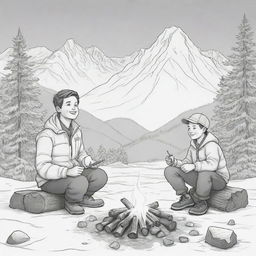 Cartoon style image of a boy and his father sitting around a campfire, roasting marshmallows against the backdrop of snow-capped mountains