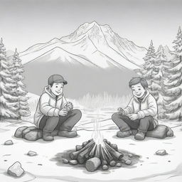 Cartoon style image of a boy and his father sitting around a campfire, roasting marshmallows against the backdrop of snow-capped mountains