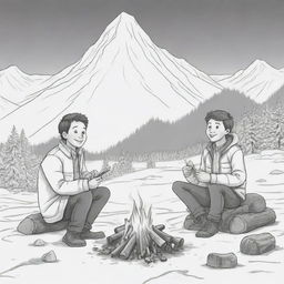 Cartoon style image of a boy and his father sitting around a campfire, roasting marshmallows against the backdrop of snow-capped mountains