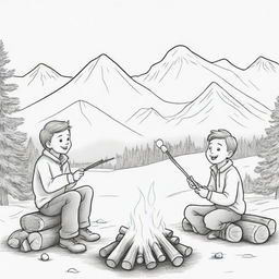 Cartoon depiction of a boy and his father sitting by a campfire, roasting marshmallows on sticks, with snowy mountains in the background