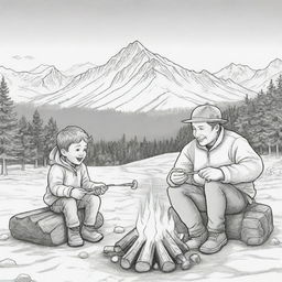 Cartoon depiction of a boy and his father sitting by a campfire, roasting marshmallows on sticks, with snowy mountains in the background