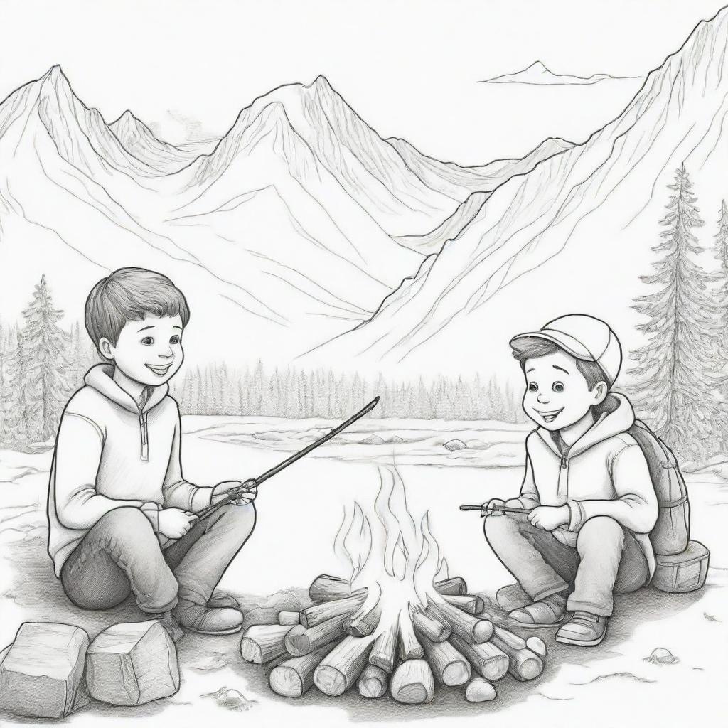 Cartoon depiction of a boy and his father sitting by a campfire, roasting marshmallows on sticks, with snowy mountains in the background