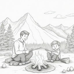 Cartoon depiction of a boy and his father sitting by a campfire, roasting marshmallows on sticks, with snowy mountains in the background