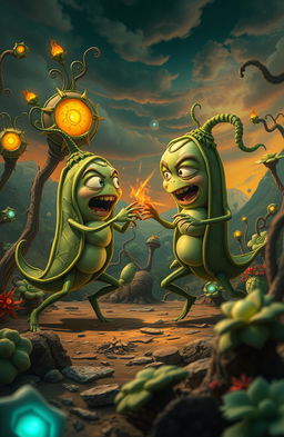 In a surreal and imaginative dystopian setting, two anthropomorphic peas in a pod engage in a fierce battle, showcasing their unique abilities and characteristics