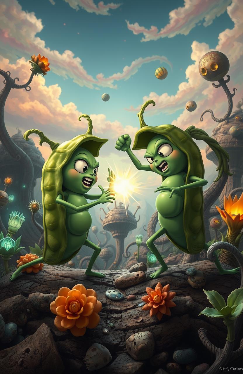 In a surreal and imaginative dystopian setting, two anthropomorphic peas in a pod engage in a fierce battle, showcasing their unique abilities and characteristics