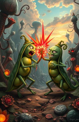 In a surreal and imaginative dystopian setting, two anthropomorphic peas in a pod engage in a fierce battle, showcasing their unique abilities and characteristics