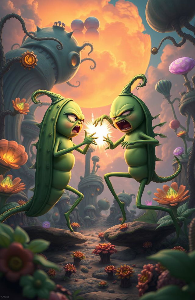 In a surreal and imaginative dystopian setting, two anthropomorphic peas in a pod engage in a fierce battle, showcasing their unique abilities and characteristics