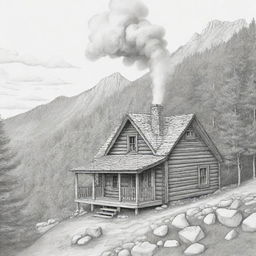 A quaint cabin on a mountainside with smoke wafting from the chimney. Rendered in line art suitable for a coloring page.