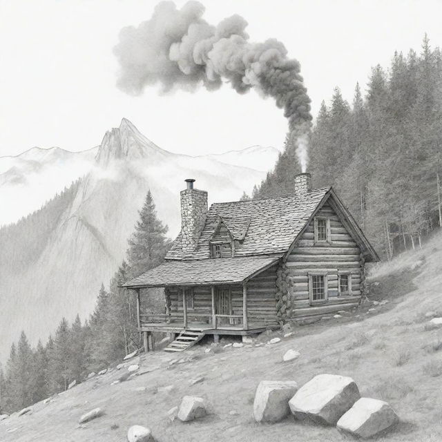 A quaint cabin on a mountainside with smoke wafting from the chimney. Rendered in line art suitable for a coloring page.